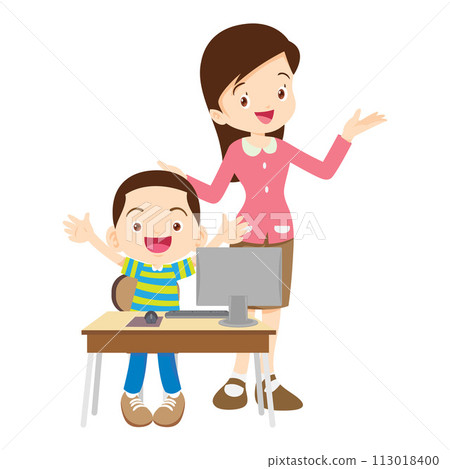 happy teacher and student learning computer happy teacher and student learning computer 113018400