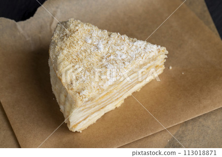 multi-layered cake made of buttercream and thin wheat cakes 113018871