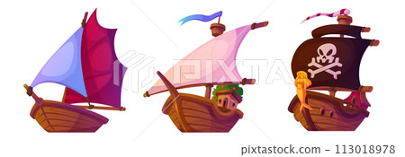 Sail boat with wooden deck and cloth masts. 113018978