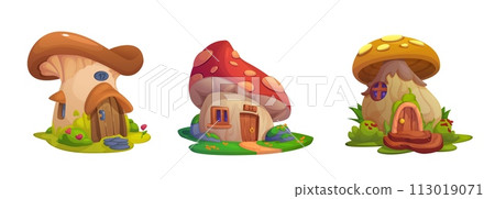 Cute fairy tale mushroom gnome or elf house set Cute fairy tale mushroom gnome or elf house set 113019071