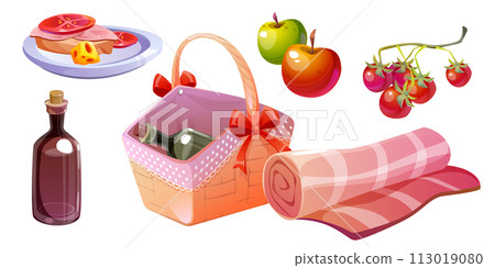 Picnic hamper basket with food, fruit and wine 113019080