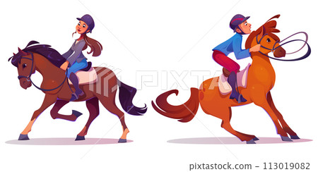 Male and female horse rider in helmet and uniforms 113019082