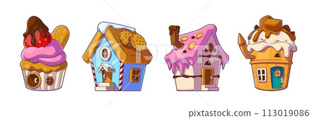 Fantasy candy land houses made from sweet desserts Fantasy candy land houses made from sweet desserts 113019086