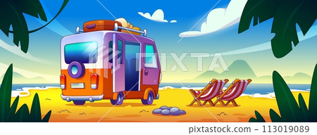 Camper van on sea sand beach with lounge chairs 113019089