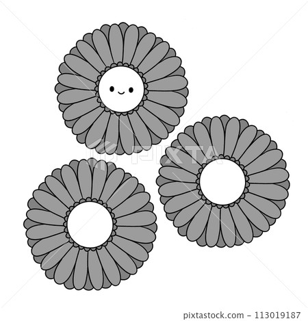 Black and white gerbera illustration with cute face Black and white gerbera illustration with cute face 113019187