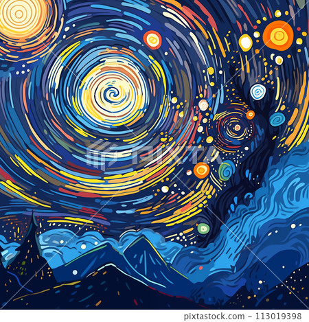 手绘卡通唯美的抽象艺术感螺旋的夜空插画 113019398