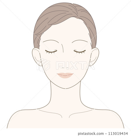Female face, front, eyes closed, up to shoulders (no cheek) Female face, front, eyes closed, up to shoulders (no cheek) 113019434