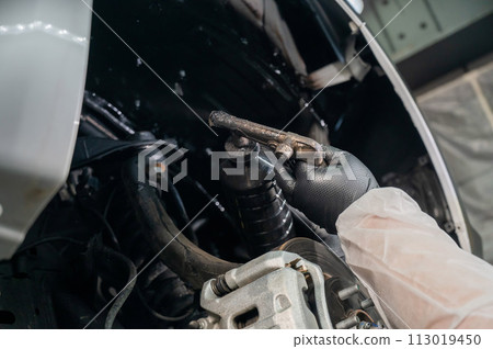 An auto mechanic applies anti-corrosion mastic to the underbody of a car. 113019450