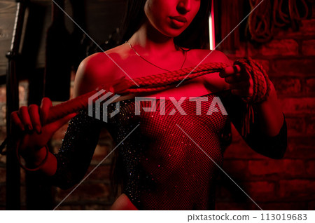 Seductive woman dressed in erotic mesh holds a whip.  Seductive woman dressed in erotic mesh holds a whip.  113019683
