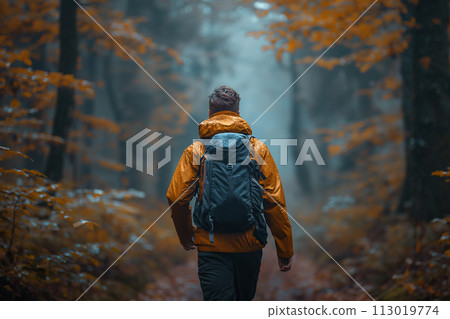 Solo Hiker Trekking Through Autumn Forest at Dusk 113019774