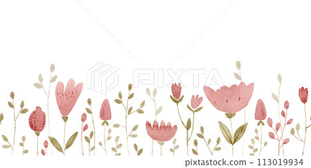 Watercolor seamless border simple abstract hand drawn botanical pattern.Illustration in pink and green Watercolor seamless border simple abstract hand drawn botanical pattern.Illustration in pink and green 113019934