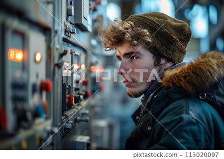 Man controlling device with voltmeter in an industrial hall 113020097