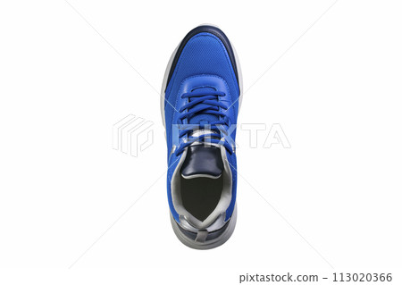 Blue sneaker made of fabric on a white background. Sport shoes. Blue sneaker made of fabric on a white background. Sport shoes. 113020366