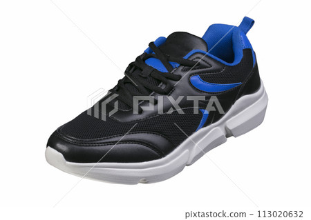 Black sneaker with blue accents on a white background. Sport shoes. Black sneaker with blue accents on a white background. Sport shoes. 113020632