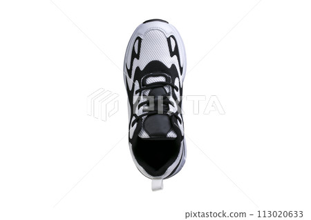 White sneaker with black accents on a white background. Sport shoes. White sneaker with black accents on a white background. Sport shoes. 113020633
