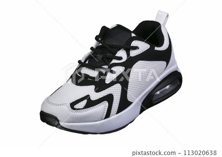 White sneaker with black accents on a white background. Sport shoes. 113020638