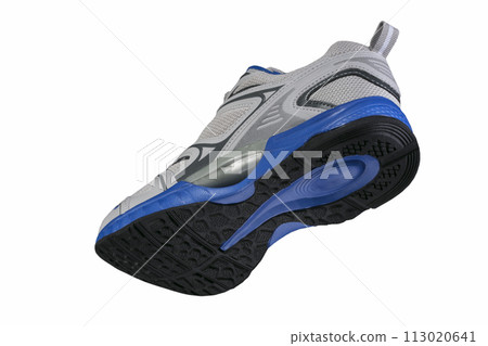 Gray sneaker with blue accents isolated. Sports shoes on a white background. 113020641