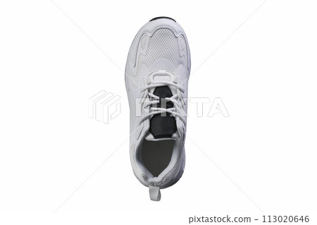 White sneaker with black accents isolated. Sports shoes on a white background. 113020646