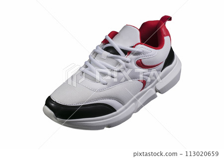 White sneaker with red and black accents on a white background. Sport shoes. 113020659