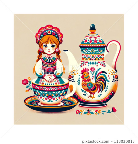 Illustration of a girl in a colorful ethnic costume and a chicken teapot Illustration Generative AI 113020813