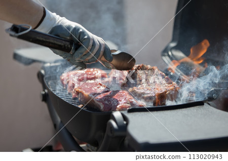 Grilled meat. A piece of meat in the smoke. Grilled meat. A piece of meat in the smoke. 113020943