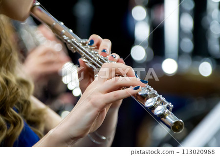 Hands holding a flute. Girl musician plays the flute. 113020968