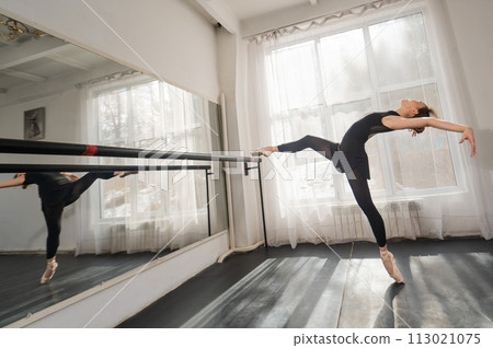 A beautiful Asian woman is dancing at the barre. Ballet dancer. 113021075