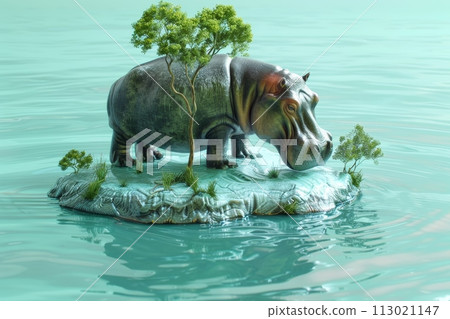 A large black and white hippo is standing in a field of flowers with Generative AI 113021147