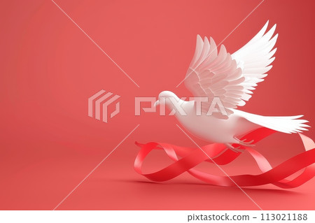 A white dove is flying over a red ribbon with Generative AI A white dove is flying over a red ribbon with Generative AI 113021188