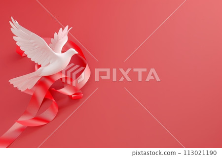 A white dove is perched on a red ribbon with Generative AI 113021190