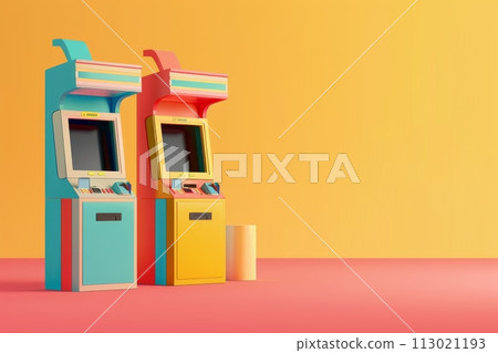 Two arcade game machines with a yellow and a blue one with Generative AI 113021193
