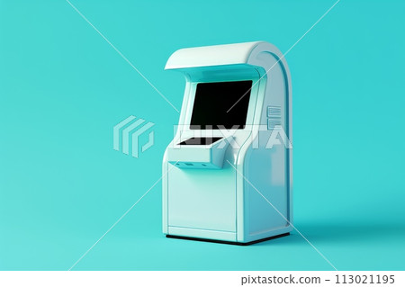 A white arcade machine with a black screen sits on a blue background with Generative AI 113021195