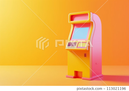 A bright orange arcade game machine with a pink screen with Generative AI 113021196
