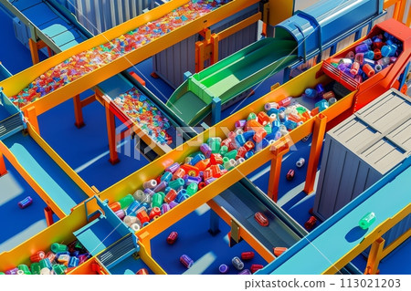 A conveyor belt is filled with plastic bottles and other trash with Generative AI A conveyor belt is filled with plastic bottles and other trash with Generative AI 113021203
