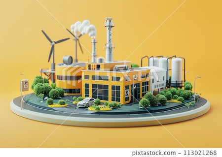 A model of a city with a yellow building and a car in front of it with Generative AI 113021268