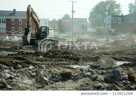 A large construction site with a large piece of equipment with Generative AI 113021269