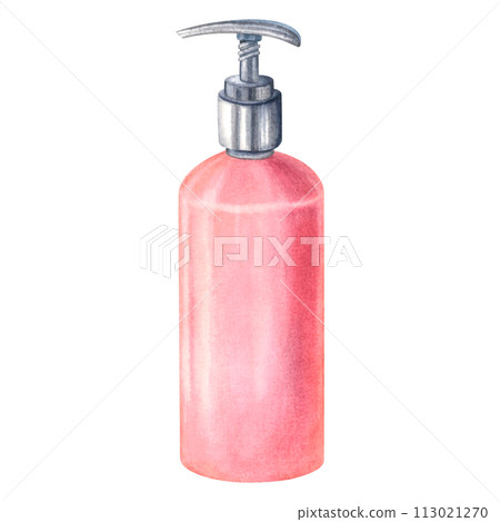 Plastic cosmetic bottle with dispenser airless pump. Empty pink container for liquid gel, shampoo. Hand drawn watercolor illustration isolated on background. Design for beauty centers, Spa, medicine. Plastic cosmetic bottle with dispenser airless pump. Empty pink container for liquid gel, shampoo. Hand drawn watercolor illustration isolated on background. Design for beauty centers, Spa, medicine. 113021270