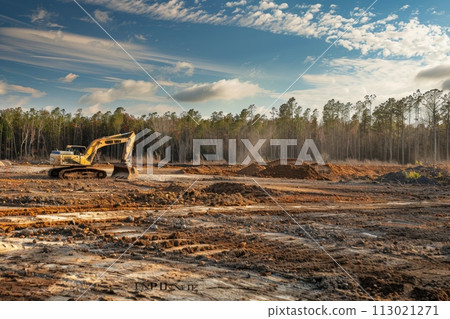 A large yellow excavator is in a field with dirt and trees with Generative AI 113021271