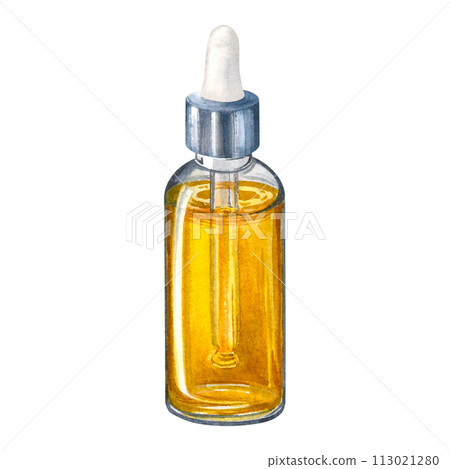 Transparent glass dropper bottle with golden liquid inside. Metal pipette. Transparent glass packaging. Serum dispenser. Dropper for skin care cosmetics. Element for design, advertising of cosmetic. Transparent glass dropper bottle with golden liquid inside. Metal pipette. Transparent glass packaging. Serum dispenser. Dropper for skin care cosmetics. Element for design, advertising of cosmetic. 113021280