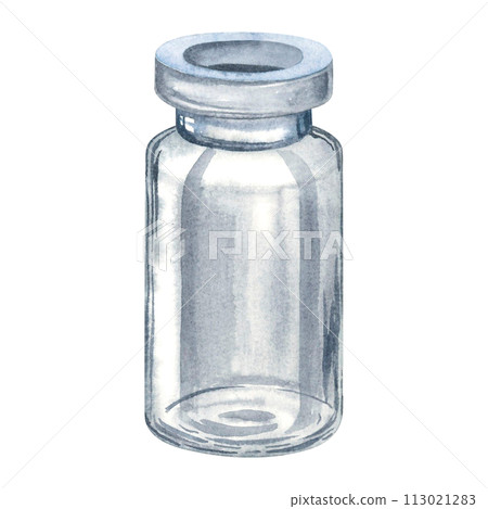 Miniature clear glass empty bottle for storing essential oil, liquid, perfume, cosmetics. Hand drawn watercolor illustration of small vial isolated on background. For scrapbooking, wedding decoration. Miniature clear glass empty bottle for storing essential oil, liquid, perfume, cosmetics. Hand drawn watercolor illustration of small vial isolated on background. For scrapbooking, wedding decoration. 113021283