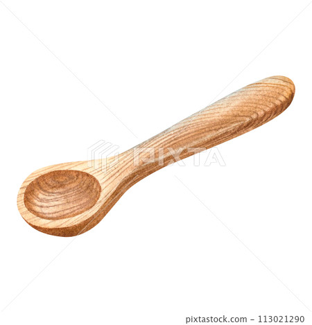 Wooden small brown spoon for salt, cereals, powders, flour or cosmetics products. Hand drawn watercolor illustration of cutlery on isolated background. Ideal for menu design, bakery or cafe concept. 113021290