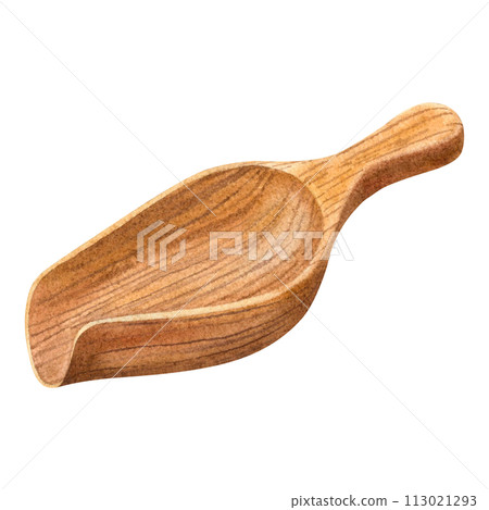 Wooden scoop for bulk dry products and cosmetics. Hand drawn watercolor illustration of spatula for cereals, powders on isolated background. For printing menus, postcards, banners, flyers and posters. Wooden scoop for bulk dry products and cosmetics. Hand drawn watercolor illustration of spatula for cereals, powders on isolated background. For printing menus, postcards, banners, flyers and posters. 113021293