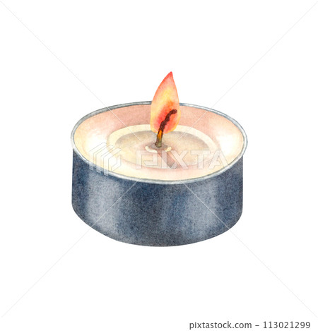 Mini-Sized Candles of white paraffin wax complete with an aluminum base and cotton wick with candle's gentle glow. Hand drawn watercolor illustration on isolated background. For promotional products. Mini-Sized Candles of white paraffin wax complete with an aluminum base and cotton wick with candle's gentle glow. Hand drawn watercolor illustration on isolated background. For promotional products. 113021299