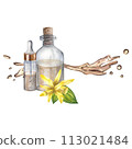 Vanilla flower with bottles and vanilla oil. Watercolor hand drawn illustration of yellow orchid flower and vanilla oil bottles on white isolated background. Drawing of cooking spices, aromatic oils. 113021484