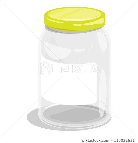 Empty tall glass jar for food canning closed yellow metal lid. Summer harvest and preparation of food stocks for winter. Cartoon vector isolated on white background 113021631