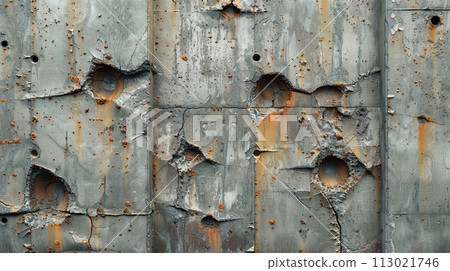 Image of a concrete wall cracked like a bullet hole and rust from the reinforcing steel oozing out: Detailed CG 113021746