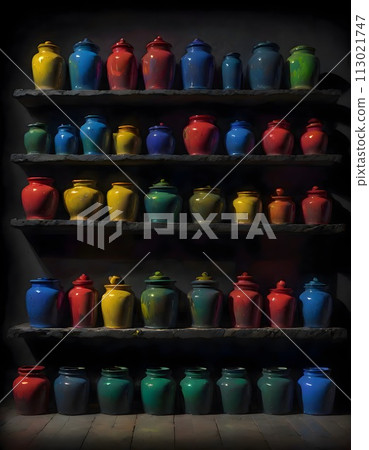Multiple Jars Filled With Various Colored Dyes Arranged On Shelves, Generative AI 113021747