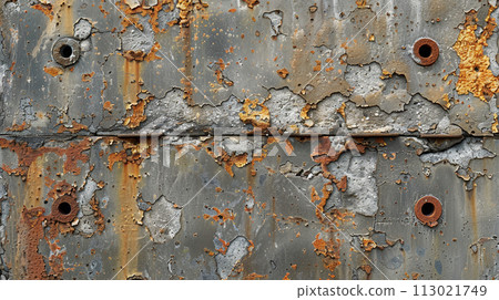Image of a concrete wall cracked like a bullet hole and rust from the reinforcing steel oozing out: Detailed CG 113021749