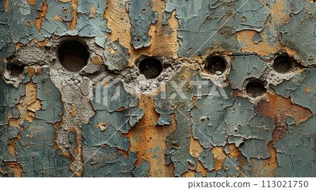 Image of a concrete wall cracked like a bullet hole and rust from the reinforcing steel oozing out: Detailed CG 113021750