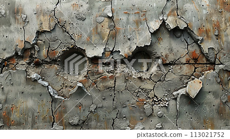 Image of a concrete wall cracked like a bullet hole and rust from the reinforcing steel oozing out: Detailed CG 113021752